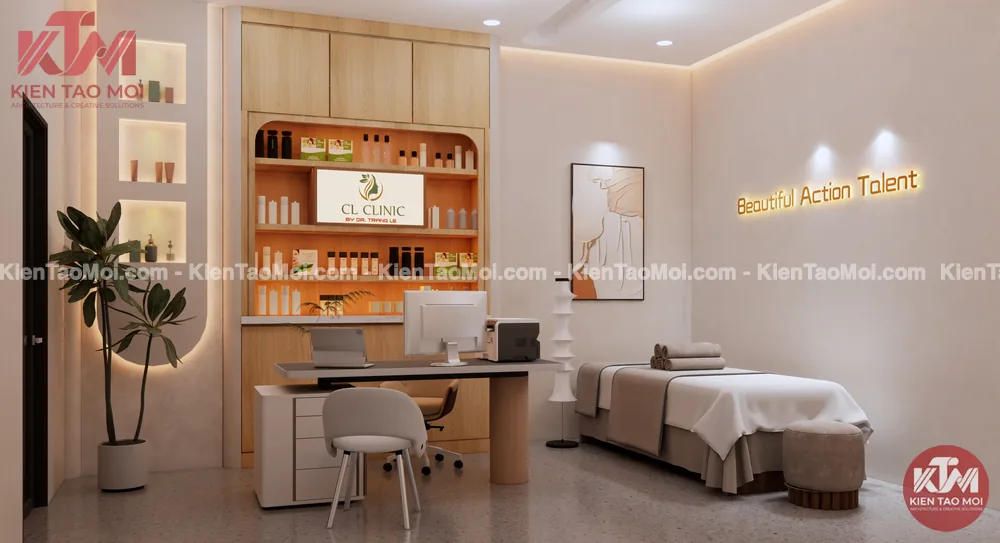 Bàn bác sĩ và giường khám thiết kế phòng khám da liễu Bàn bác sĩ và giường khám thiết kế phòng khám da liễu tông kem