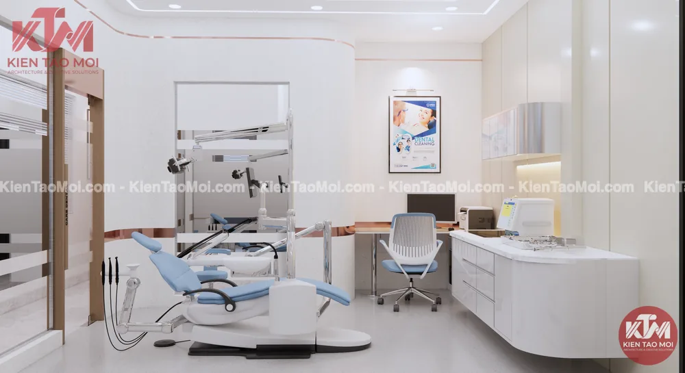 Bàn bác sĩ cạnh ghế điều trị trong thiết kế nha khoa hiện đại