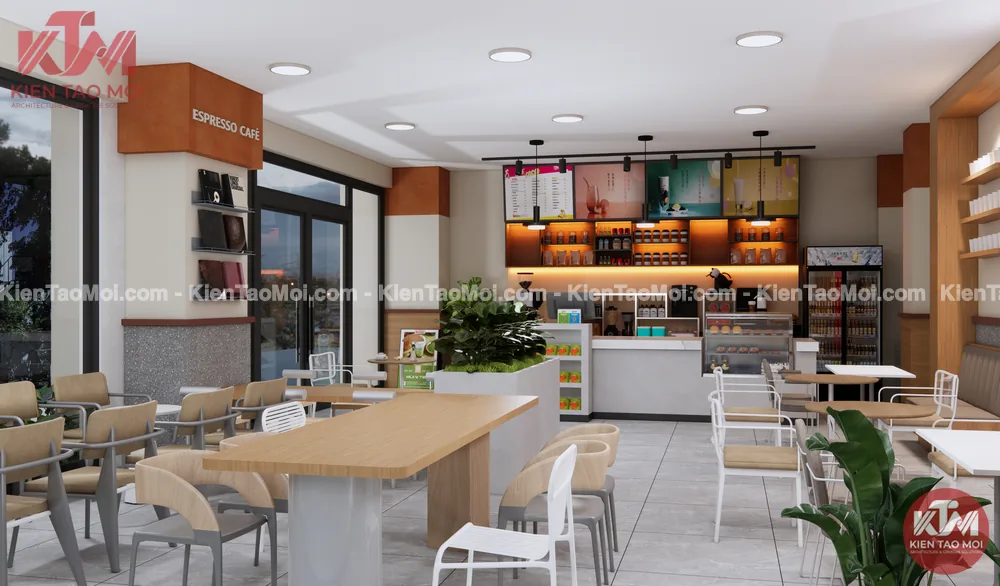 Bàn dài gỗ sồi trung tâm thiết kế quán cafe hướng về quầy bar, ghế gỗ uốn cong
