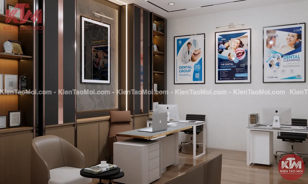 Bàn nhân viên phòng làm việc thiết kế nha khoa hiện đại, poster chăm sóc răng