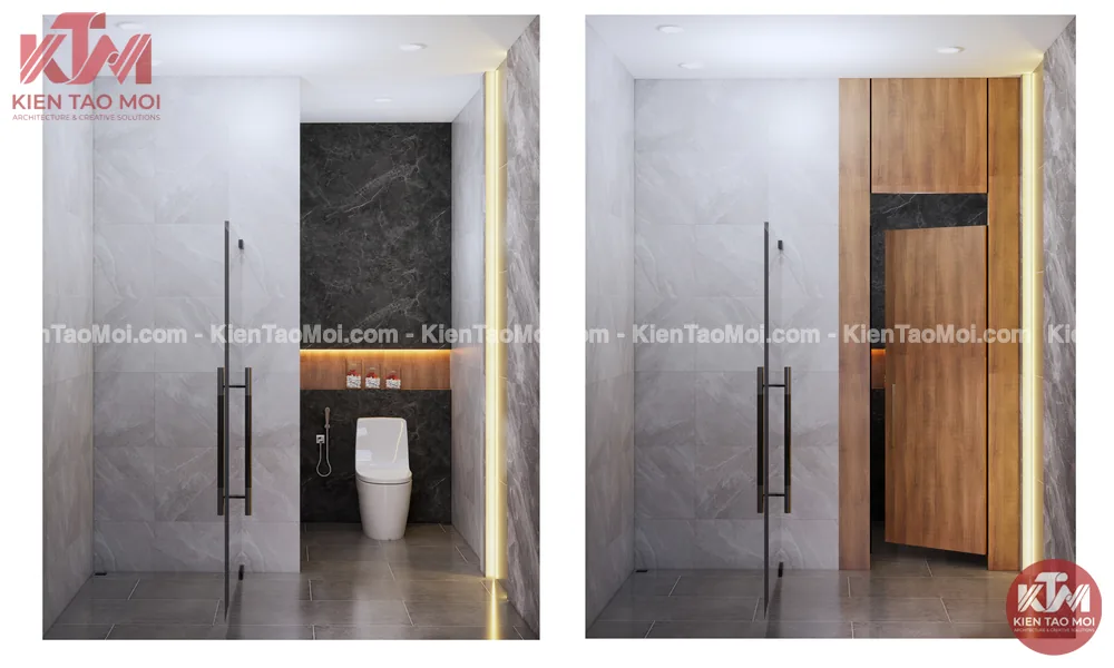 Buồng vệ sinh cửa kính và cửa gỗ, tường đá xám vân mây