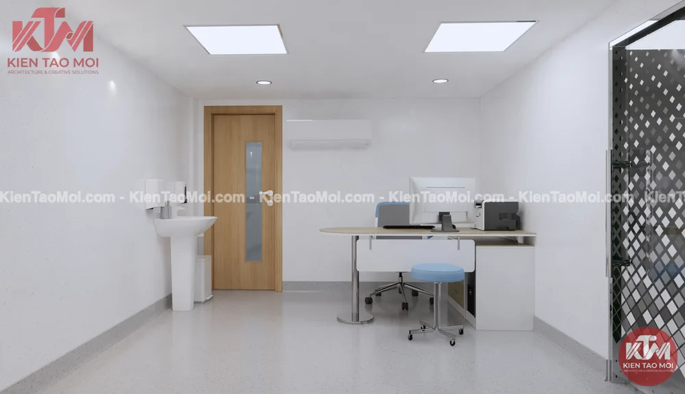 Phòng cấp cứu tầng trệt phòng khám đa khoa, bàn bác sĩ cửa gỗ