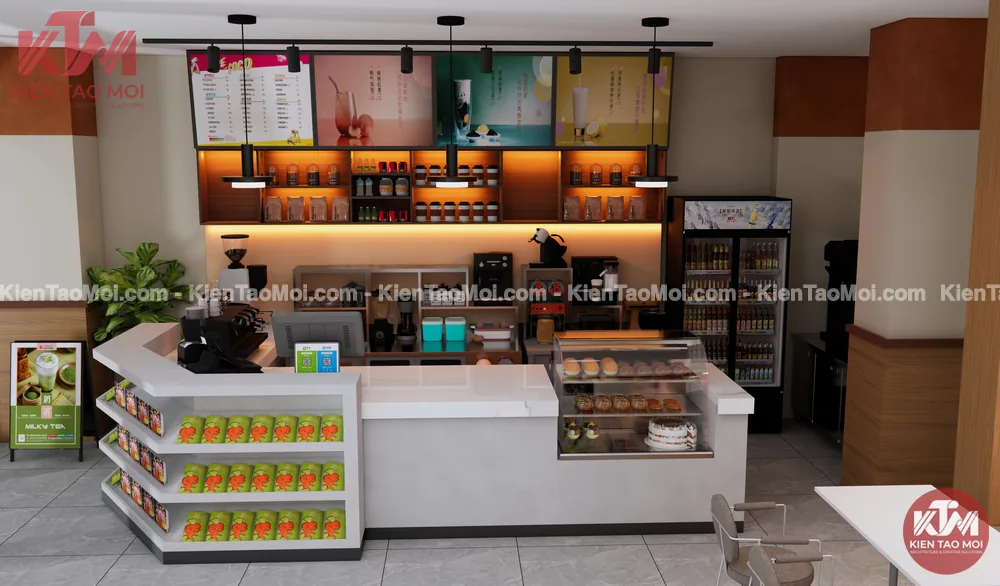 Chính diện quầy pha chế trong thiết kế quán cafe hiện đại, kệ gỗ đèn hắt vàng
