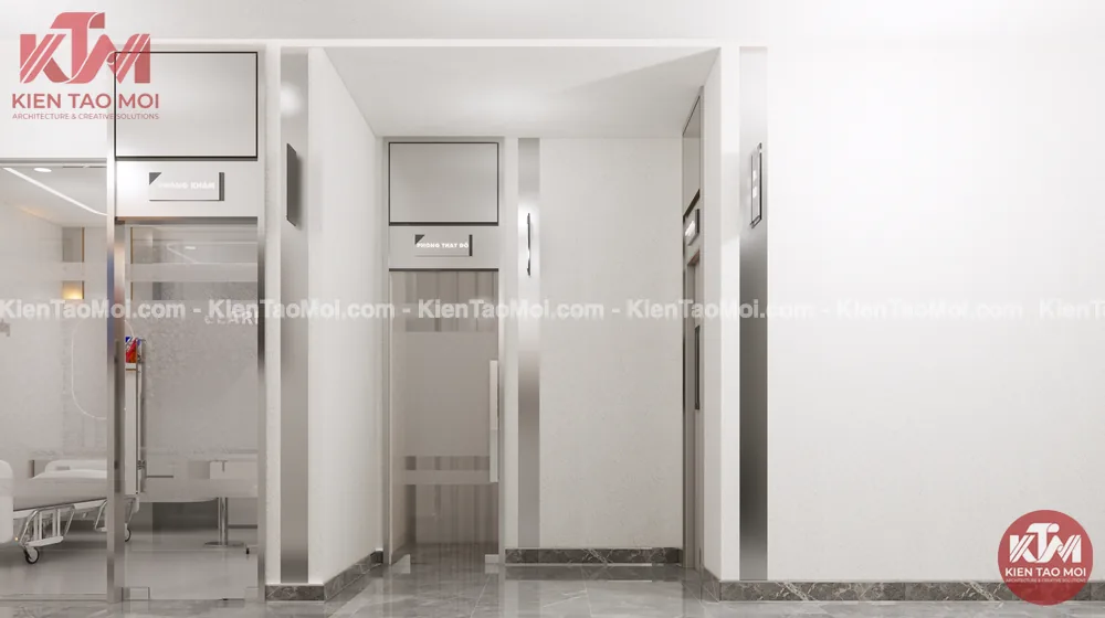 Dãy cửa phòng chức năng khung inox và kính mờ Dãy cửa phòng chức năng khung inox kết hợp kính mờ, tường sơn gai trắng