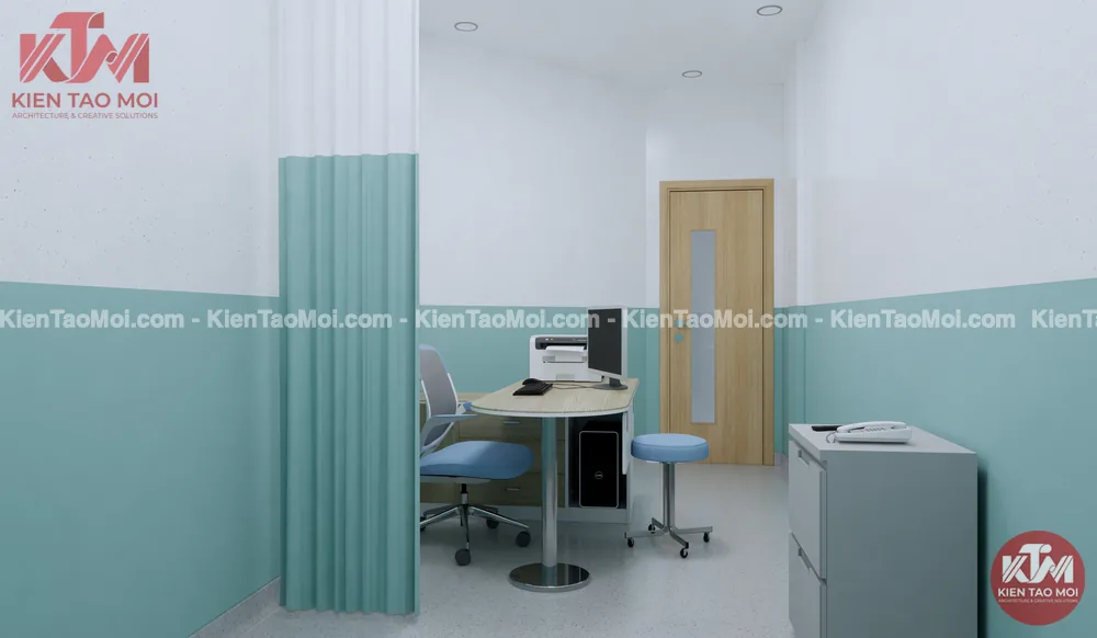 Thiết kế nội thất phòng khám da liễu lầu 2, rèm ngăn bàn bác sĩ