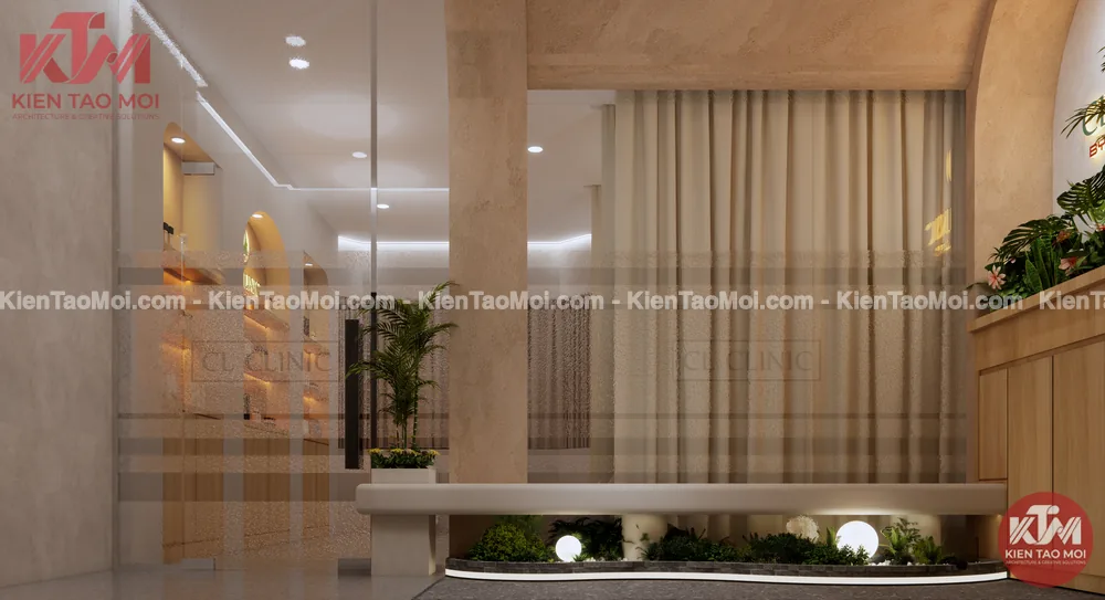 Ghế băng và tiểu cảnh thiết kế phòng khám da liễu Ghế băng thiết kế phòng khám da liễu bên tiểu cảnh đèn tròn