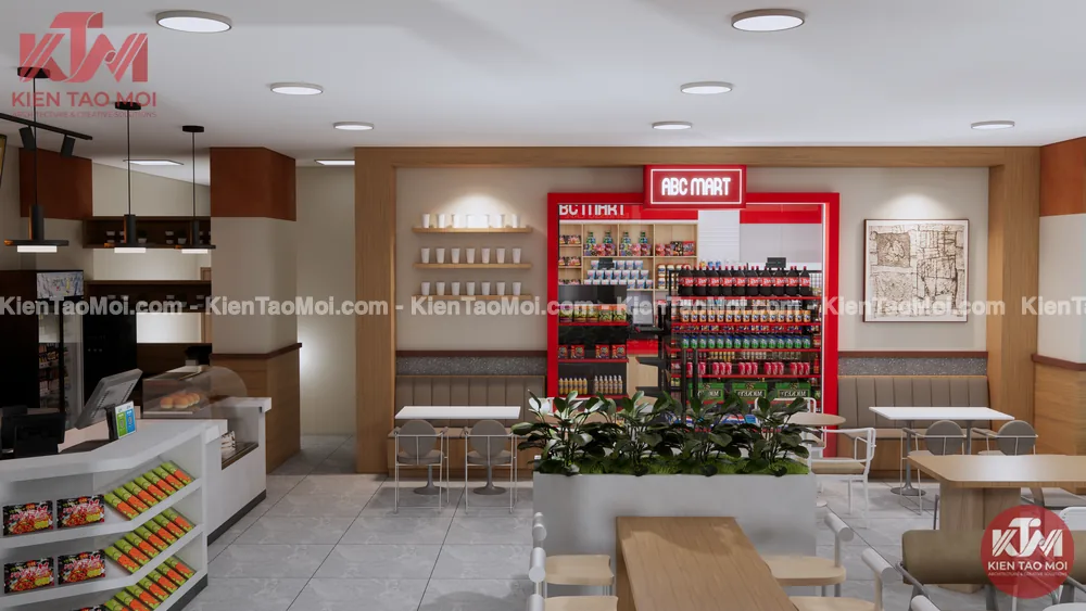 Ghế sofa băng dài bọc nệm nâu dọc tường gỗ trong thiết kế quán cafe