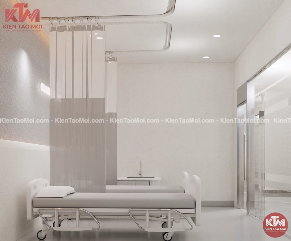 Giường điều trị phòng chăm sóc da liễu cạnh cửa kính lùa Giường điều trị phòng chăm sóc điều trị da liễu, cửa kính lùa