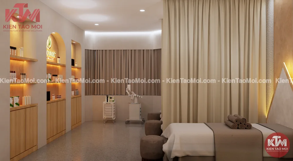 Góc giường đơn phòng chăm sóc điều trị da liễu Giường đơn phòng chăm sóc điều trị da liễu cạnh kệ vòm đèn hắt