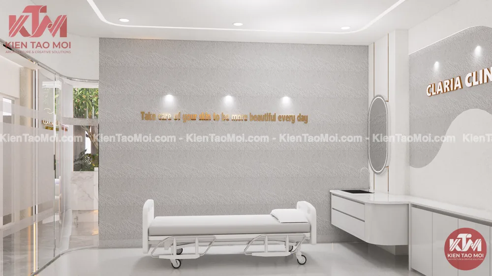 Giường khám nội thất phòng khám da liễu tường xám vân Giường khám nội thất phòng khám da liễu, tường xám vân