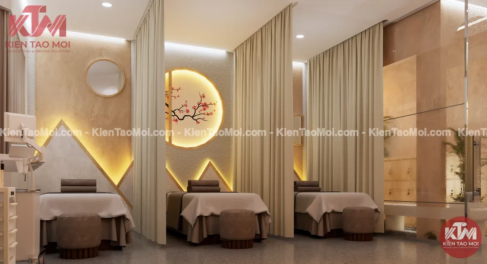 Giường điều trị bên ô tròn hoa đào phát sáng Giường phòng chăm sóc điều trị da liễu cạnh ô tròn hoa đào phát sáng