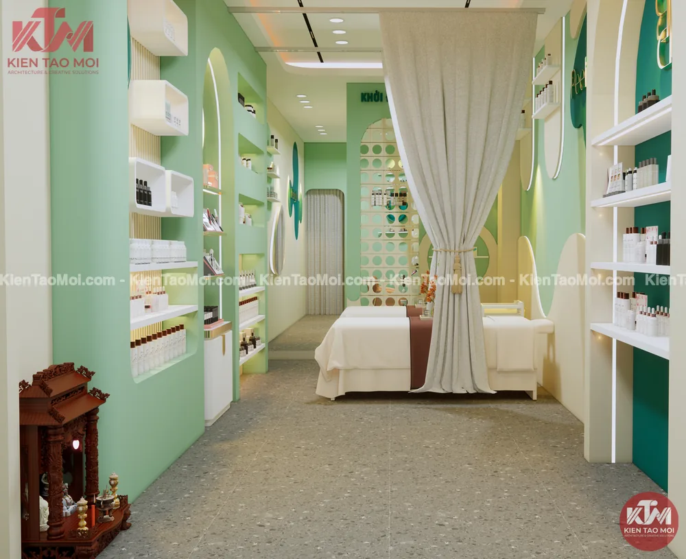 Giường chăm sóc sau rèm vải nội thất spa da liễu, kệ trắng hai bên