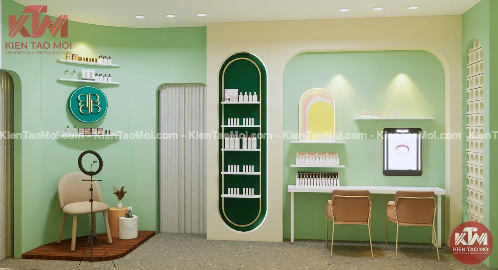 Góc chụp ảnh mẫu thiết kế spa da liễu trên bục sàn gỗ