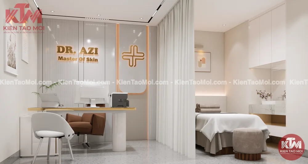 Góc khám mẫu thiết kế spa da liễu với vách sọc trắng đèn hắt