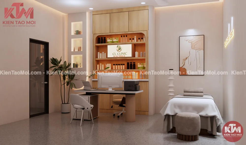 Góc khám nội thất phòng khám da liễu tranh line art Góc khám nội thất phòng khám da liễu, tranh line art và chữ đèn