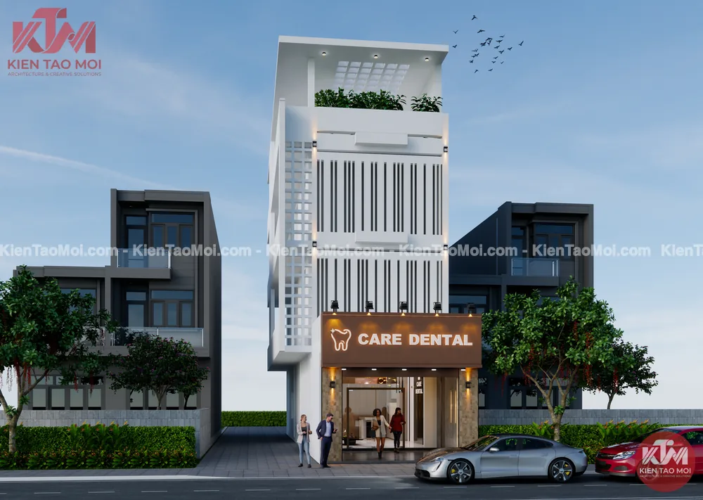 Góc nghiêng mặt tiền thiết kế nha khoa hiện đại, tầng trệt ốp đá và biển hiệu gỗ