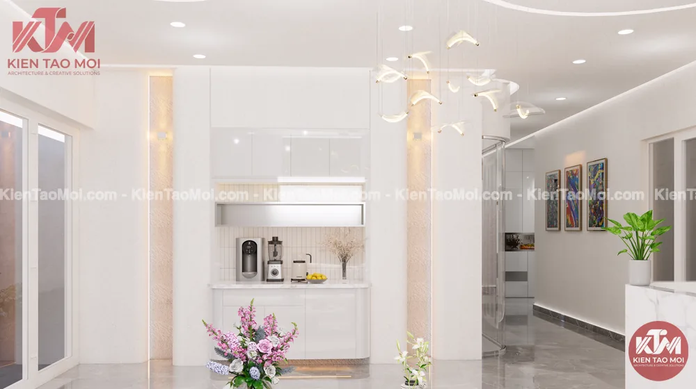 Góc pantry nội thất spa da liễu thanh lịch Góc pantry nội thất spa da liễu với đèn thả cánh én