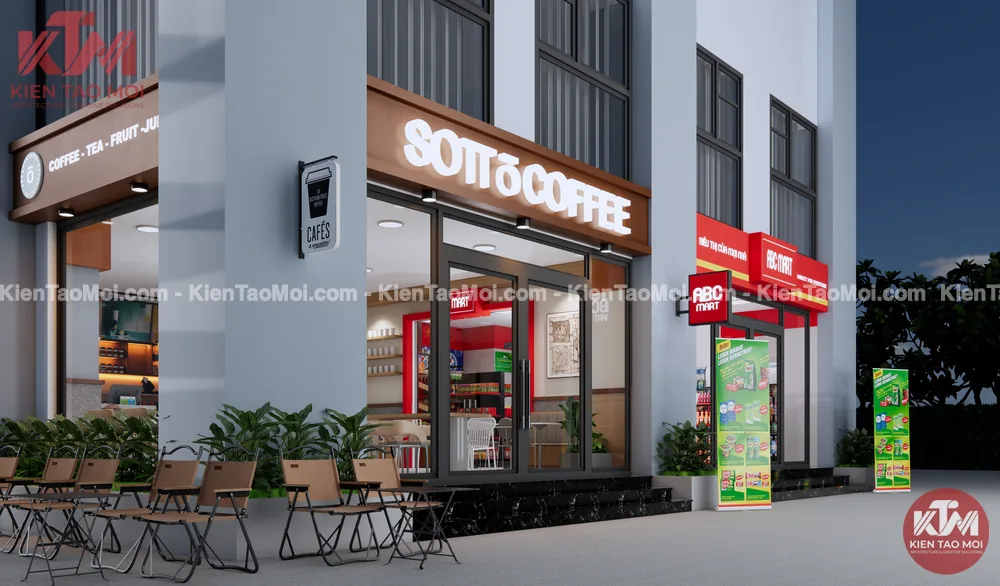 Góc mặt tiền thiết kế quán cafe kết hợp siêu thị mini, biển gỗ cạnh biển đỏ