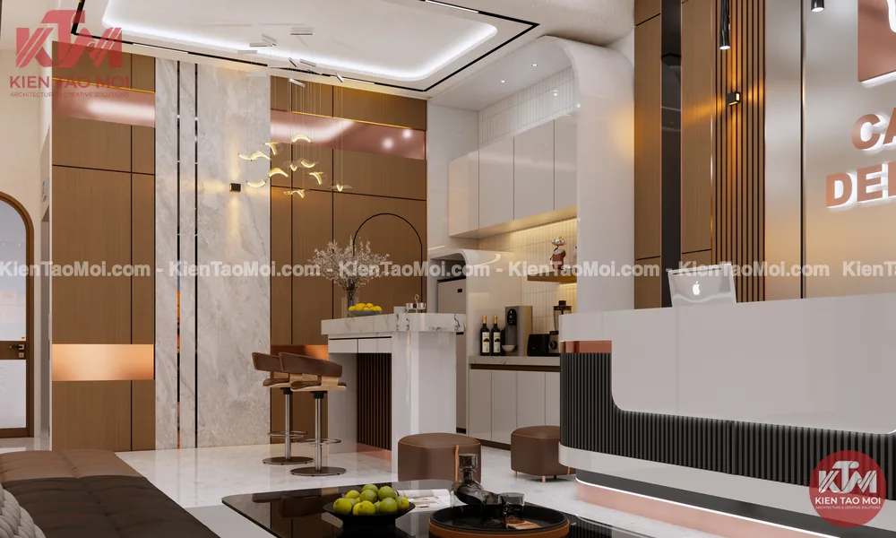 Góc pantry thiết kế nha khoa hiện đại với đèn thả hình chim trang trí