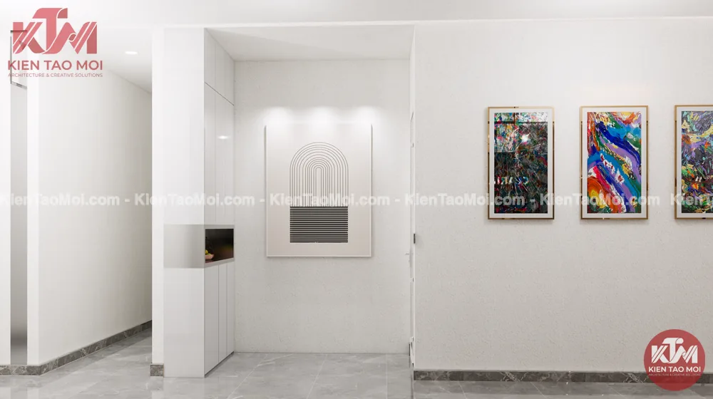 Góc trang trí mẫu thiết kế spa da liễu tranh line art Góc tranh mẫu thiết kế spa da liễu, tủ âm tường trắng