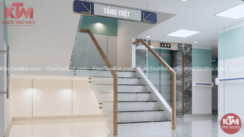 Sảnh hành lang tầng trệt phòng khám đa khoa, bậc đá lan can kính
