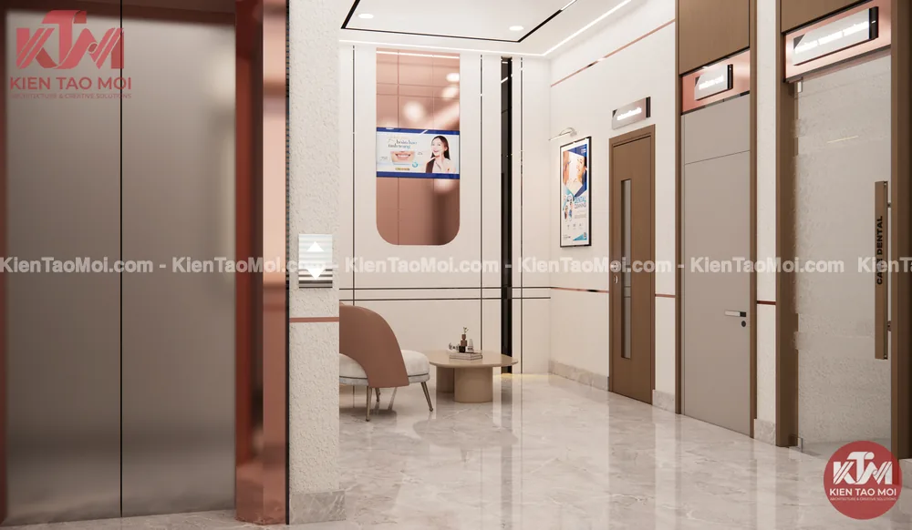 Hành lang lầu 2 thiết kế nha khoa hiện đại cạnh thang máy ốp đồng