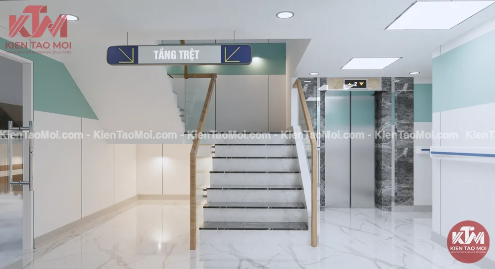 Sảnh hành lang nội thất phòng khám đa khoa, cầu thang tay vịn gỗ