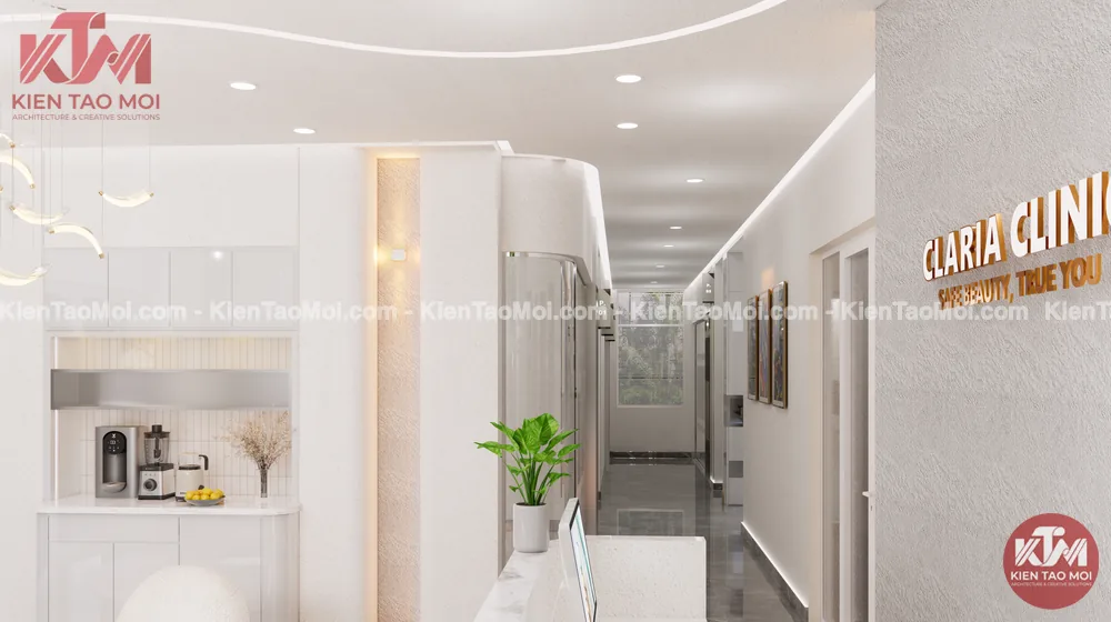 Hành lang dẫn vào khu điều trị phòng khám da liễu Hành lang nội thất phòng khám da liễu, chữ nổi màu đồng