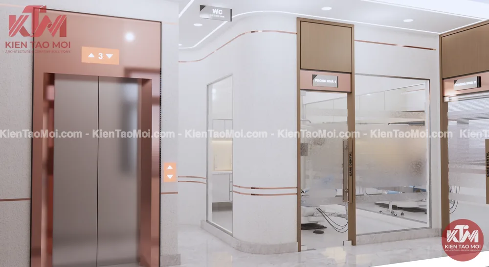Hành lang thiết kế nha khoa hiện đại với góc tường bo cong và vách kính mờ