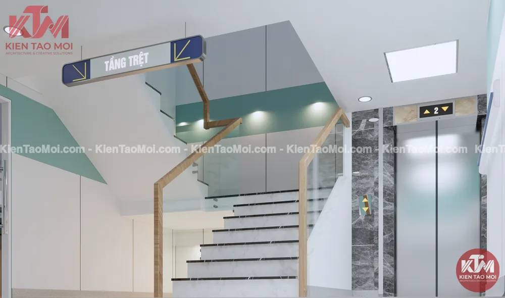 Sảnh hành lang thiết kế phòng khám đa khoa, biển tầng thang máy