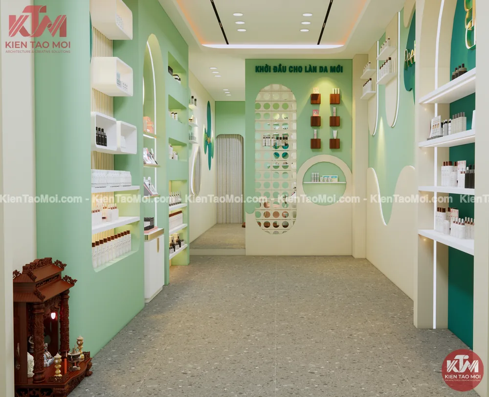 Hành lang thiết kế spa chăm sóc da liễu với kệ vòm xanh mint