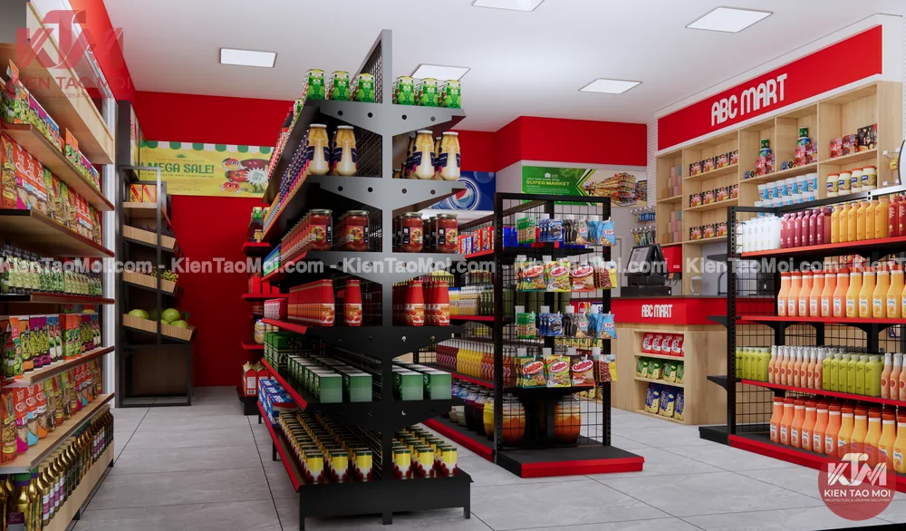 Kệ hàng đảo tông đỏ đen trong thiết kế siêu thị mini, đèn panel âm trần