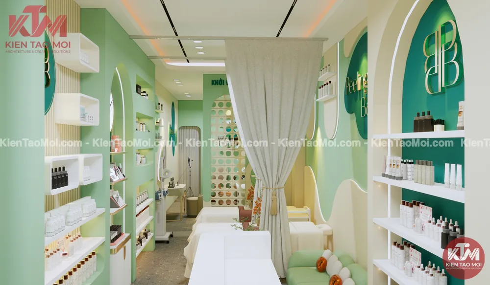 Kệ mỹ phẩm nội thất phòng khám da liễu dưới vòm logo xanh đậm