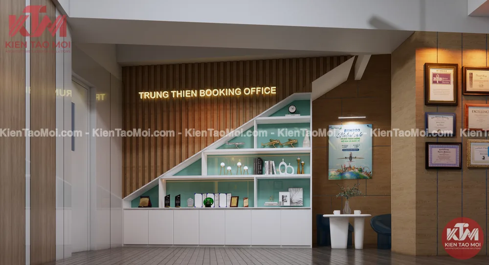 Kệ trưng bày gầm cầu thang nội thất phòng vé máy bay, lam gỗ và hộc xanh ngọc