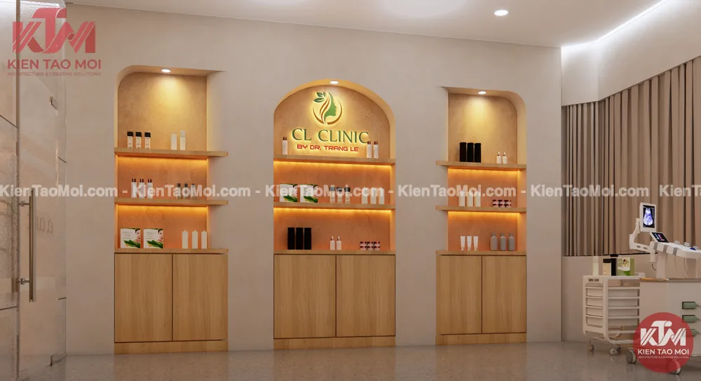 Kệ trưng bày và máy điều trị nội thất spa da liễu Kệ trưng bày nội thất spa da liễu bên máy điều trị da
