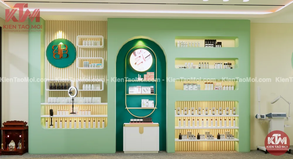 Kệ trưng bày thiết kế spa chăm sóc da liễu, hốc vòm xanh đậm