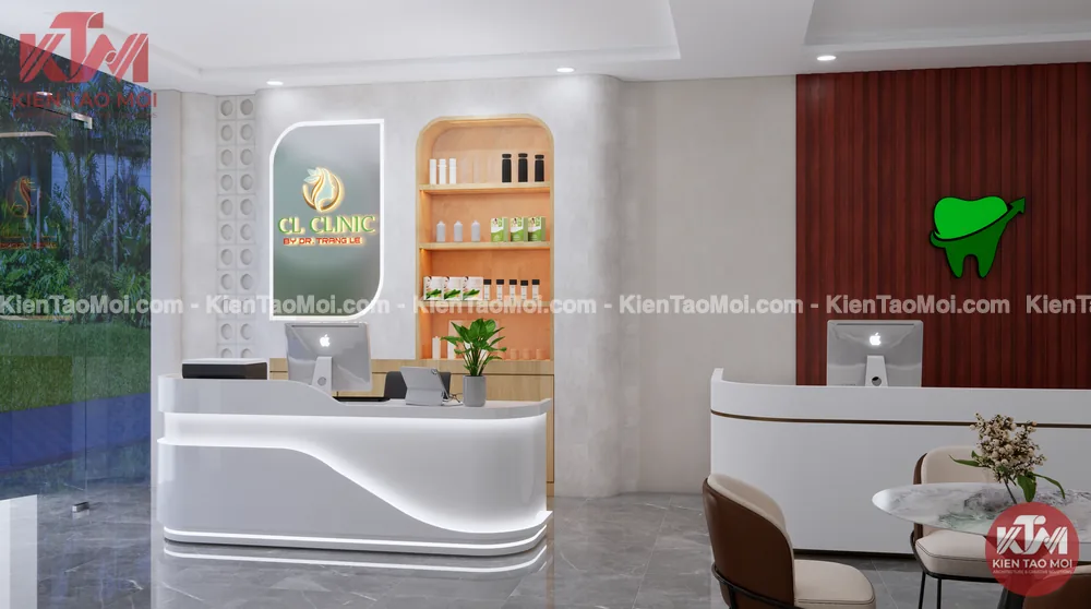 Kệ vòm trưng bày mỹ phẩm nội thất spa da liễu Kệ vòm trưng bày mỹ phẩm nội thất spa da liễu tại sảnh lễ tân