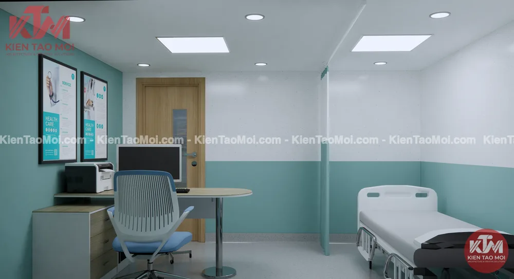 Thiết kế nội thất phòng khám ngoại tầng trệt, giường cạnh cửa gỗ