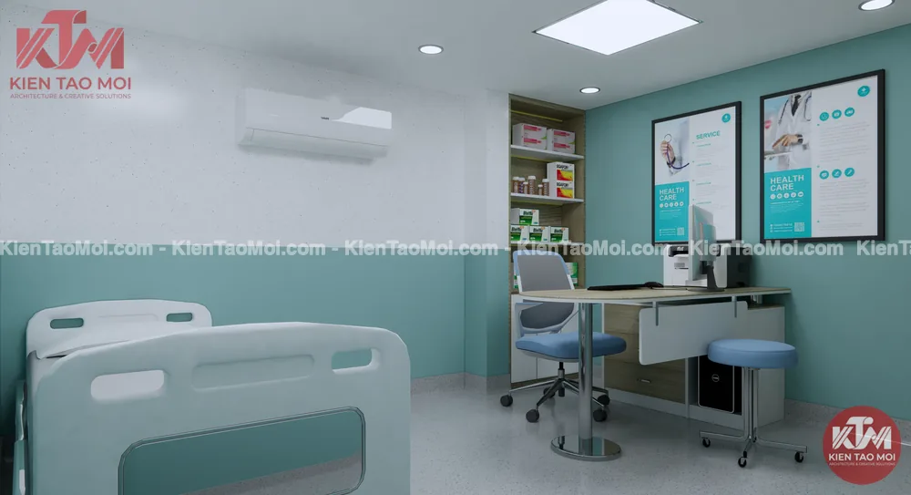 Phòng khám ngoại thiết kế nội thất phòng khám, giường khám kệ thuốc
