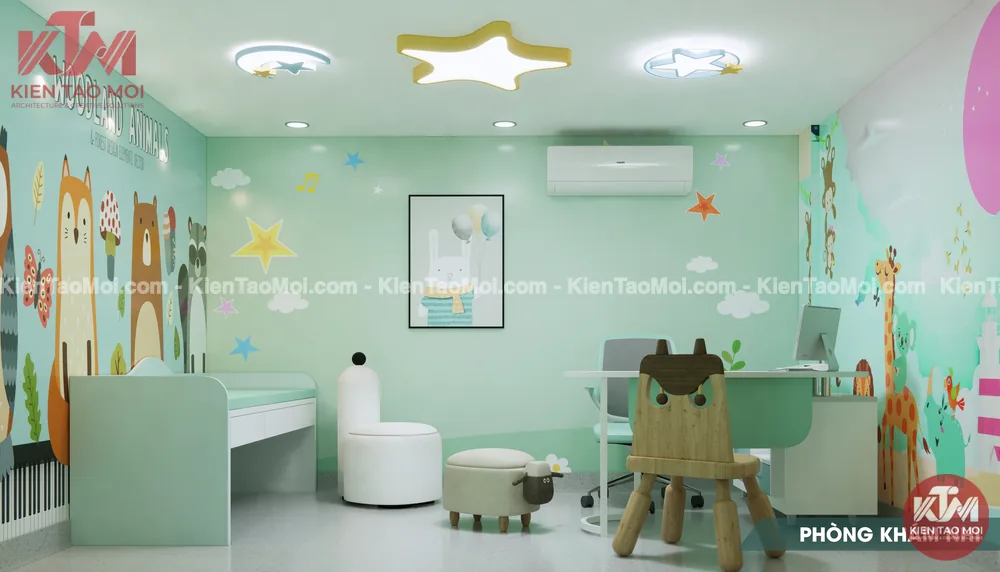 Thiết kế nội thất phòng khám nhi tầng lửng, tranh thú rừng đèn sao