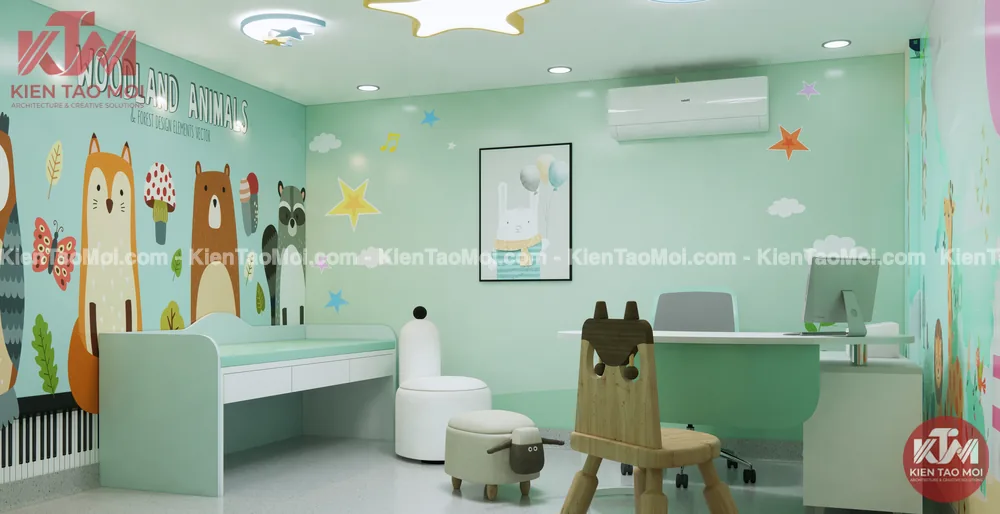 Phòng khám nhi thiết kế phòng khám đa khoa, ghế thú gỗ