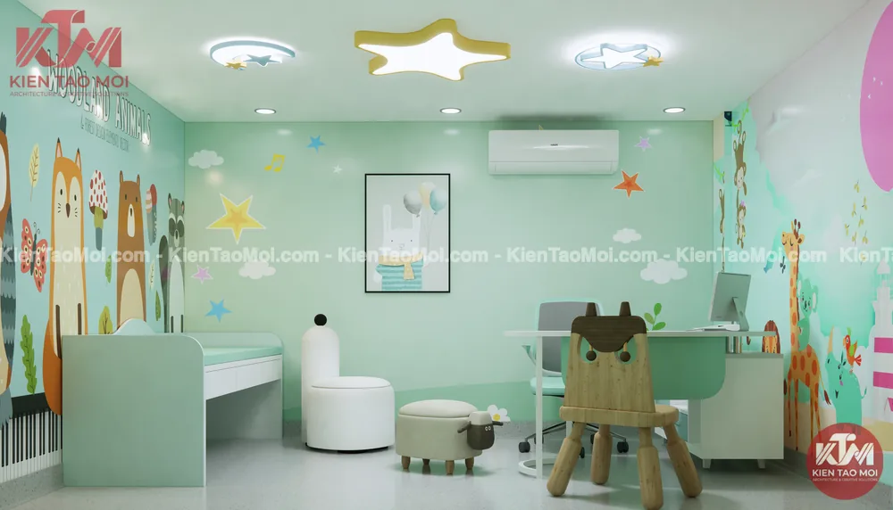 Thiết kế nội thất phòng khám nhi tầng lửng, tông xanh mint