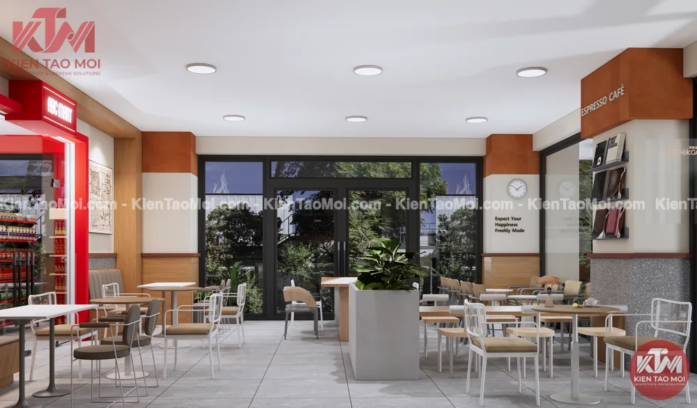 Không gian ngồi sáng thoáng trong thiết kế quán cafe, cửa kính khung đen ra mảng xanh