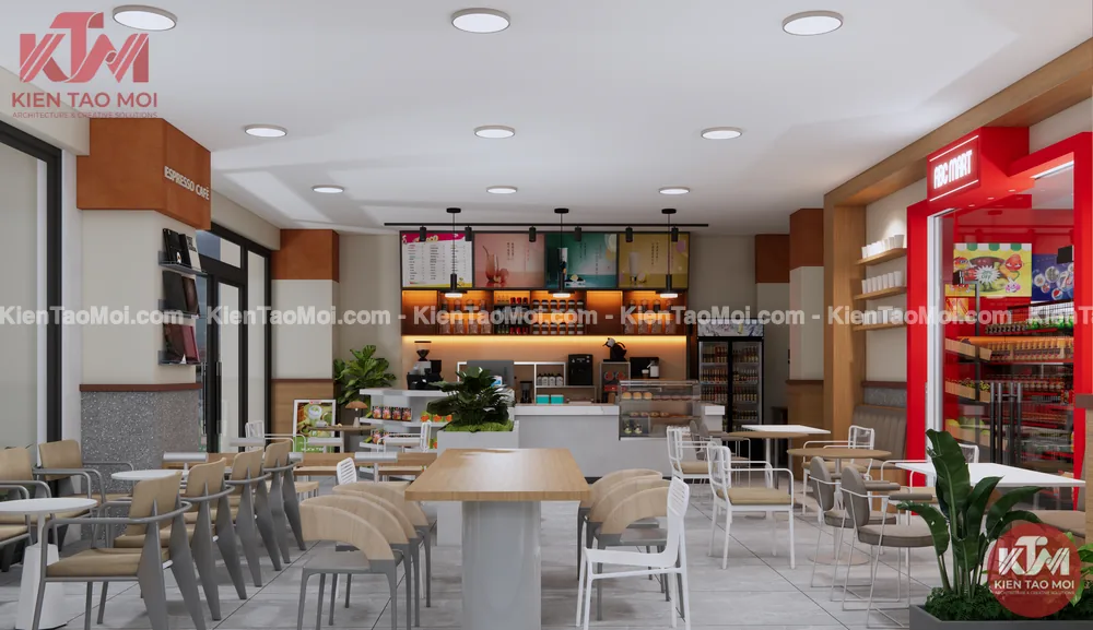 Không gian thiết kế quán cafe hiện đại tông gỗ ấm, tường sơn kem và sàn gạch xám