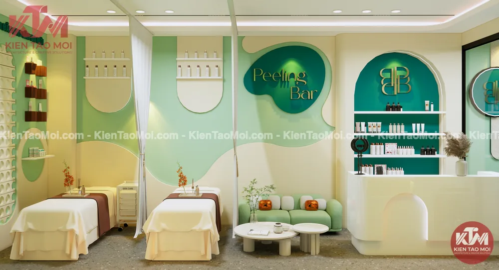 Khu chăm sóc thiết kế spa chăm sóc da liễu hai giường, tường lượn sóng