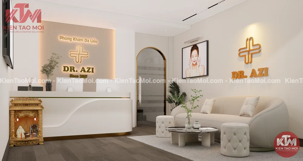 Khu chờ mẫu thiết kế spa da liễu với sofa cong và đôn nệm