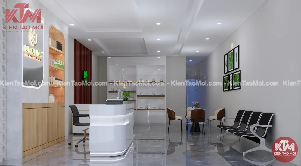 Khu chờ tiếp đón thiết kế phòng khám da liễu Khu chờ thiết kế phòng khám da liễu với ghế chờ đen và sàn đá xám