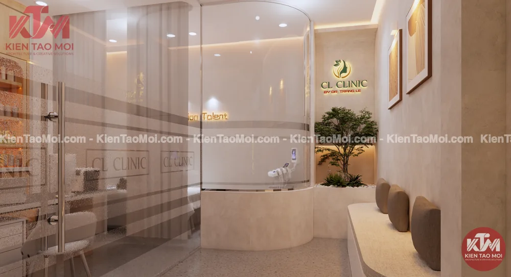 Khu chờ trước phòng khám vách kính cong Khu chờ trước phòng khám với vách kính cong và ghế băng gối nâu
