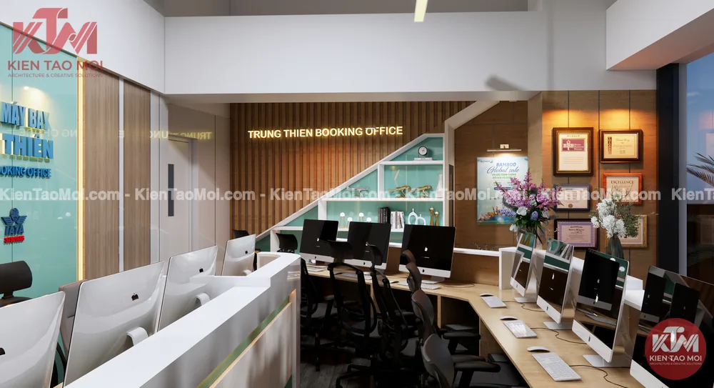 Khu đặt vé trong thiết kế văn phòng vé máy bay, dãy máy tính hướng kệ cầu thang