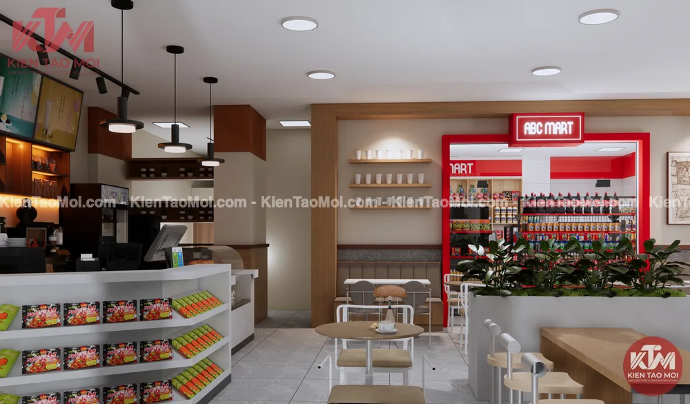 Khu ngồi thiết kế quán cafe kết hợp siêu thị mini, bồn cây xanh ngăn lối vào siêu thị
